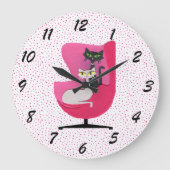 ミッドセンチュリースタイル猫種ピンクチェア水玉模様 ラージ壁時計 (正面)
