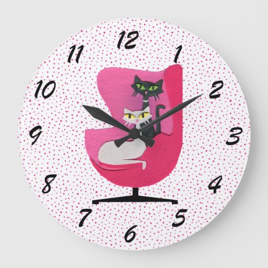 ミッドセンチュリースタイル猫種ピンクチェア水玉模様 ラージ壁時計 (正面)