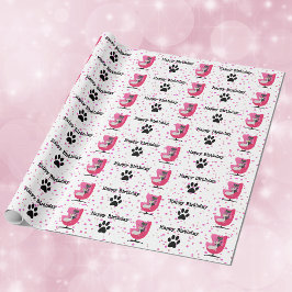 ミッドセンチュリースタイル誕生日キャッツピンクチェアドットポー ラッピングペーパー
