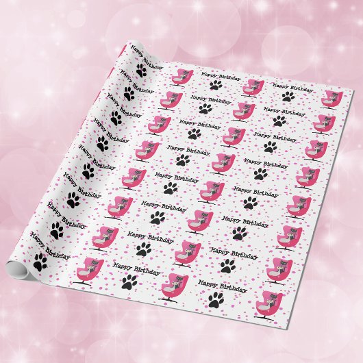 ミッドセンチュリースタイル誕生日キャッツピンクチェアドットポー ラッピングペーパー
