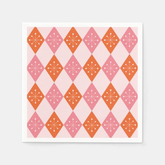 ミッドセンチュリースターバストオンオレンジピンクダイヤモンド スタンダードカクテルナプキン (正面)
