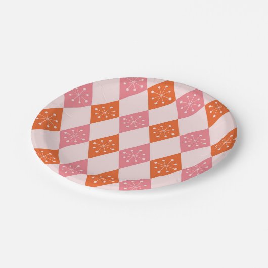 ミッドセンチュリースターバストオンオレンジピンクダイヤモンド ペーパープレート (アングル)