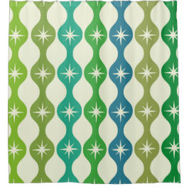 ミッドセンチュリースターバストオングリーンブルーオージーパターン シャワーカーテン