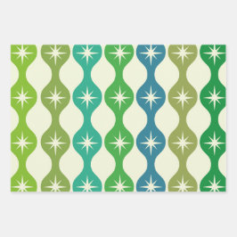ミッドセンチュリースターバストオングリーンブルーオージーパターン ラッピングペーパーシート