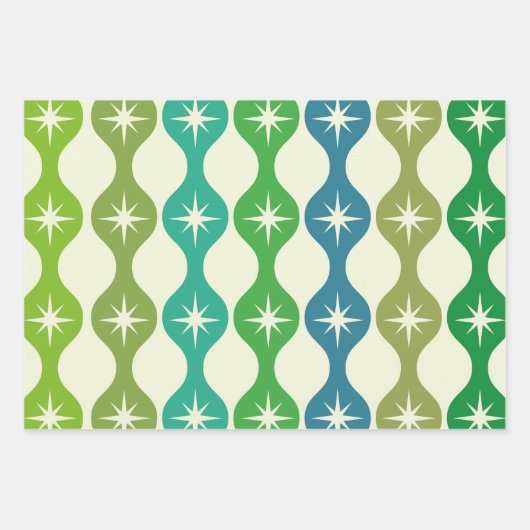 ミッドセンチュリースターバストオングリーンブルーオージーパターン ラッピングペーパーシート (正面)