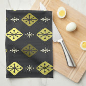 ミッドセンチュリースターバストダイヤモンドブラックイエロー キッチンタオル (四つ折り)