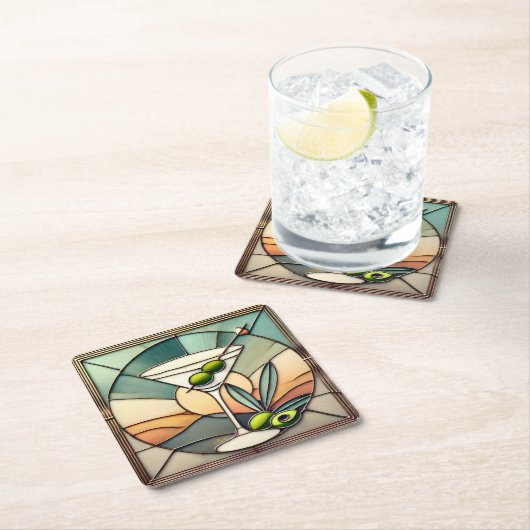 ミッドセンチュリーステンドグラス2オリーブマルティーニ スクエアペーパーコースター (インサイチュ)