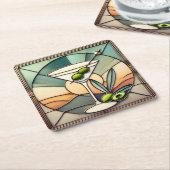 ミッドセンチュリーステンドグラス2オリーブマルティーニ スクエアペーパーコースター (アングル)