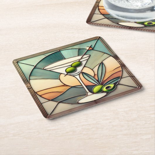 ミッドセンチュリーステンドグラス2オリーブマルティーニ スクエアペーパーコースター (アングル)