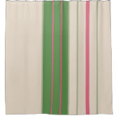 ミッドセンチュリーストライプのピンクとグリーンのモダン シャワーカーテン (正面)