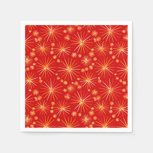 ミッドセンチュリースプートニクパターン、深いレッド スタンダードカクテルナプキン (正面)