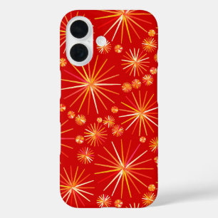 ミッドセンチュリースプートニクパターン、深いレッド iPhone 16ケース