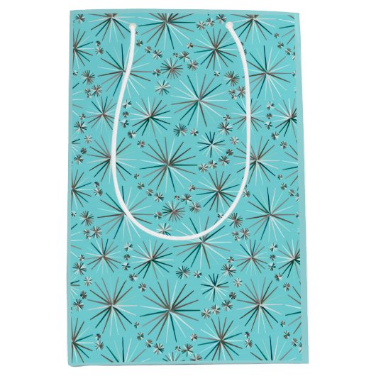 ミッドセンチュリースプートニク模様、ロビンの卵ブルー ミディアムペーパーバッグ (正面)