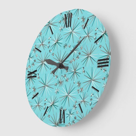 ミッドセンチュリースプートニク模様、ロビンの卵ブルー ラージ壁時計 (傾斜)