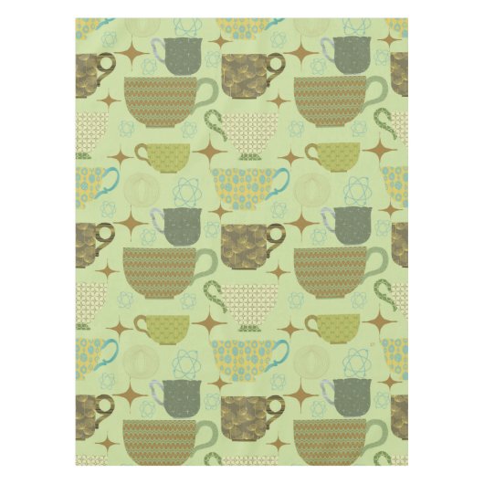 ミッドセンチュリーセージのティーカップパターン テーブルクロス (正面)