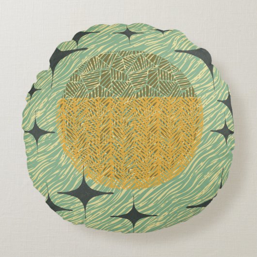 ミッドセンチュリーセージ幾何デザイン ラウンドクッション (正面)