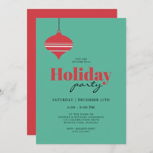 ミッドセンチュリーティール(緑がかった色)&コーラルホリデーパーティー 招待状 (正面/裏面)