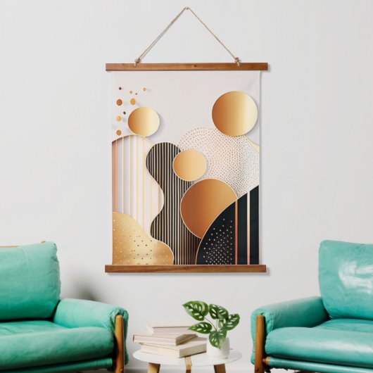 ミッドセンチュリーテラコッタブラウンとベージュ 吊り下げ型タペストリー (リビング)