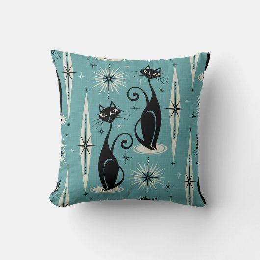 ミッドセンチュリーニャウレトロアトミック・キャッツ・オン・ブルー クッション (正面)