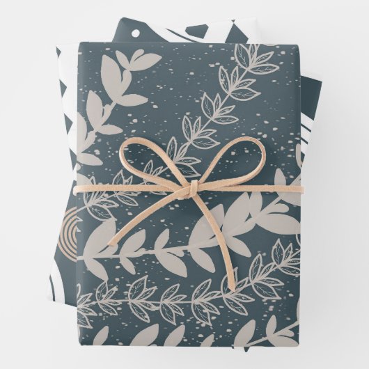 ミッドセンチュリーネイビーブルー幾何学植物学 ラッピングペーパーシート (インサイチュ)