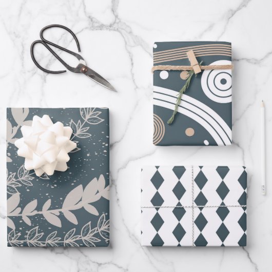 ミッドセンチュリーネイビーブルー幾何学植物学 ラッピングペーパーシート (正面)
