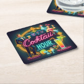 ミッドセンチュリーネオンサインカクテルアワーカップル スクエアペーパーコースター (アングル)