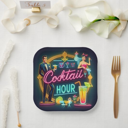ミッドセンチュリーネオンサインカクテルアワーカップル ペーパープレート (ウェディング)