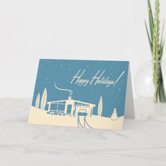 ミッドセンチュリーハウス編集可能クリスマスカード:青 シーズンカード (正面)