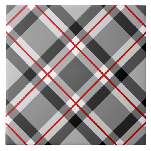 ミッドセンチュリーバイアスプレイド、ブラック、ホワイト、グレー、レッド タイル (正面)