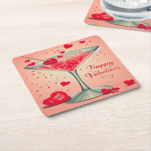 ミッドセンチュリーバレンタインマルティーニカクテル スクエアペーパーコースター (アングル)