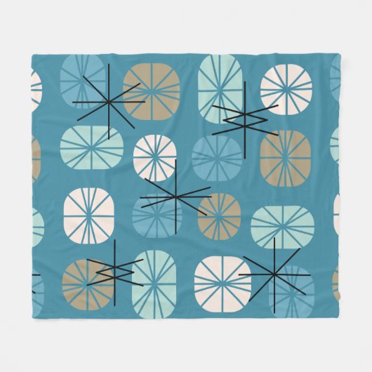 ミッドセンチュリーパターンオブロンティール（緑がかった色）ホワイト金ゴールド フリースブランケット (正面(横))