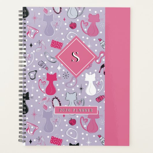 ミッドセンチュリーパープルハート猫 プランナー手帳 (正面)