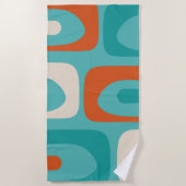 ミッドセンチュリーピモダンケパターンティール(緑がかった色)オレンジ ビーチタオル (正面)