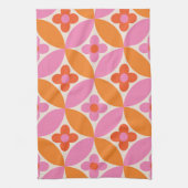 ミッドセンチュリーピンクのオレンジ色の円の花 キッチンタオル (縦)