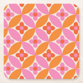ミッドセンチュリーピンクのオレンジ色の円の花 スクエアペーパーコースター