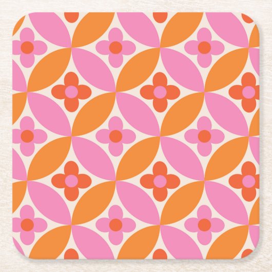 ミッドセンチュリーピンクのオレンジ色の円の花 スクエアペーパーコースター (正面)