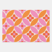 ミッドセンチュリーピンクのオレンジ色の円の花 ラッピングペーパーシート (正面2)