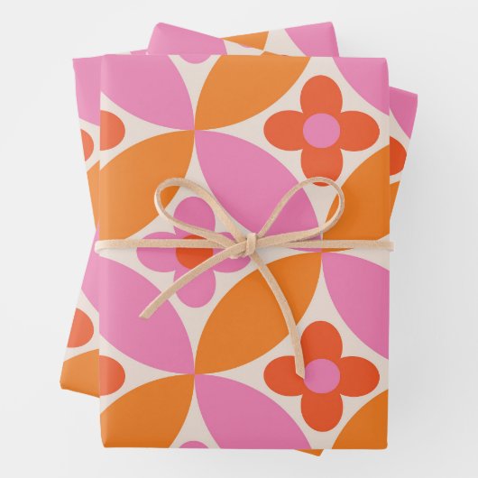 ミッドセンチュリーピンクのオレンジ色の円の花 ラッピングペーパーシート (インサイチュ)