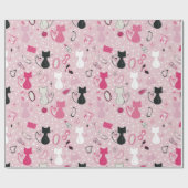 ミッドセンチュリーピンクのハート猫 ラッピングペーパー (フラット)