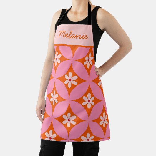 ミッドセンチュリーピンクの円と白い花 カスタム エプロン (インサイチュ)