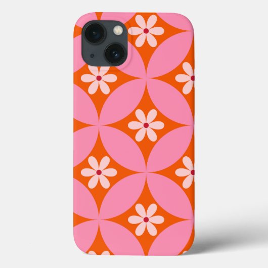 ミッドセンチュリーピンクの円模様上の白い花 Case-Mate iPhoneケース (裏面)