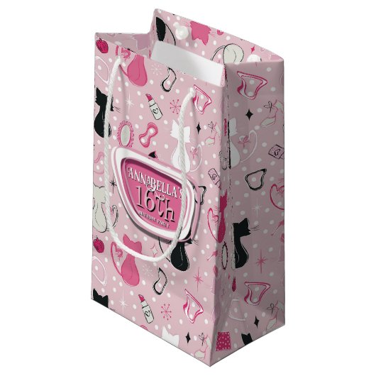 ミッドセンチュリーピンクハートキャッツ誕生日 スモールペーパーバッグ (正面アングル)