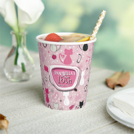 ミッドセンチュリーピンクハートキャッツ誕生日 紙コップ