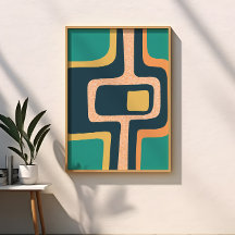 ミッドセンチュリーファンキー抽象芸術ティール（緑がかった色）、黄、オレンジ