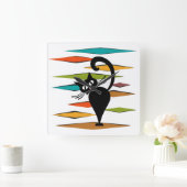 ミッドセンチュリーブラックキャットデザイン スクエア壁時計 (ホーム)