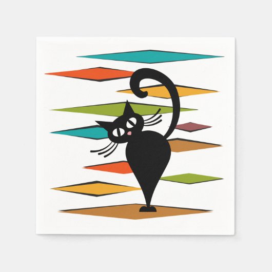 ミッドセンチュリーブラックキャットデザイン スタンダードカクテルナプキン (正面)