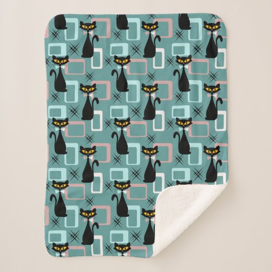 ミッドセンチュリーブラックキャットパターン シェルパブランケット (正面)