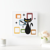 ミッドセンチュリーブラックキャット スクエア壁時計 (ホーム)