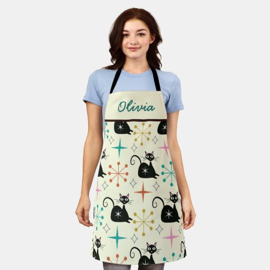 ミッドセンチュリーブラック原子猫とスターバスト名 エプロン (着用した状態)