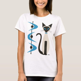 ミッドセンチュリーブルーのブーメラン柄のシャム猫 Tシャツ